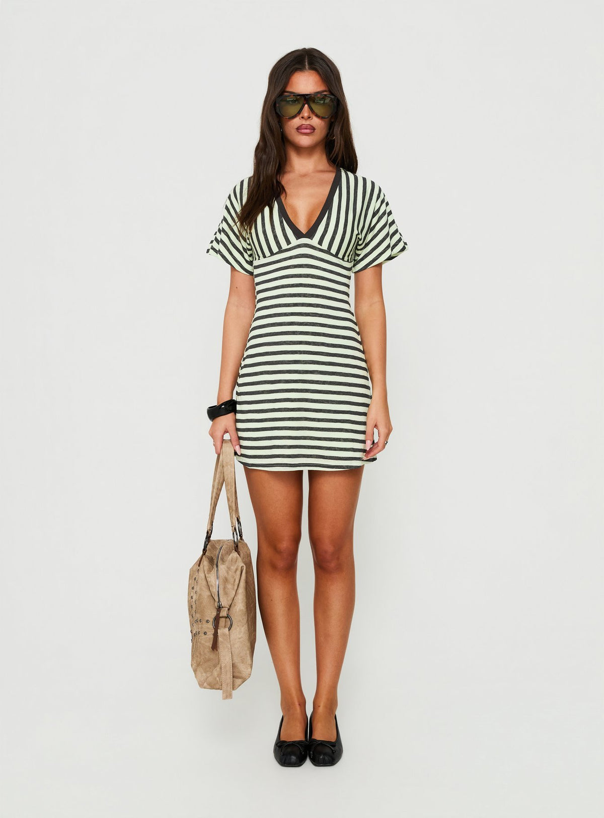 Arialla V Neck Short Sleeve Mini Dress Green / Charcoal Stripe