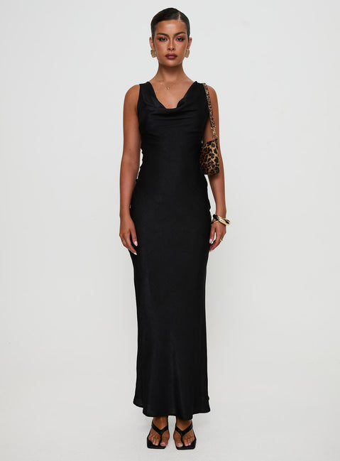 back view of model wearing Princess Polly Make Memories Cowl Neck Maxi Dress Black Cowl Neck 