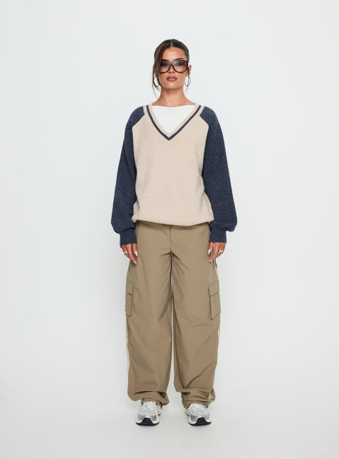 front view of model wearing Princess Polly Adana V Neck Graphic Knit Sweater Multi Longline Jumpers Jumpers 