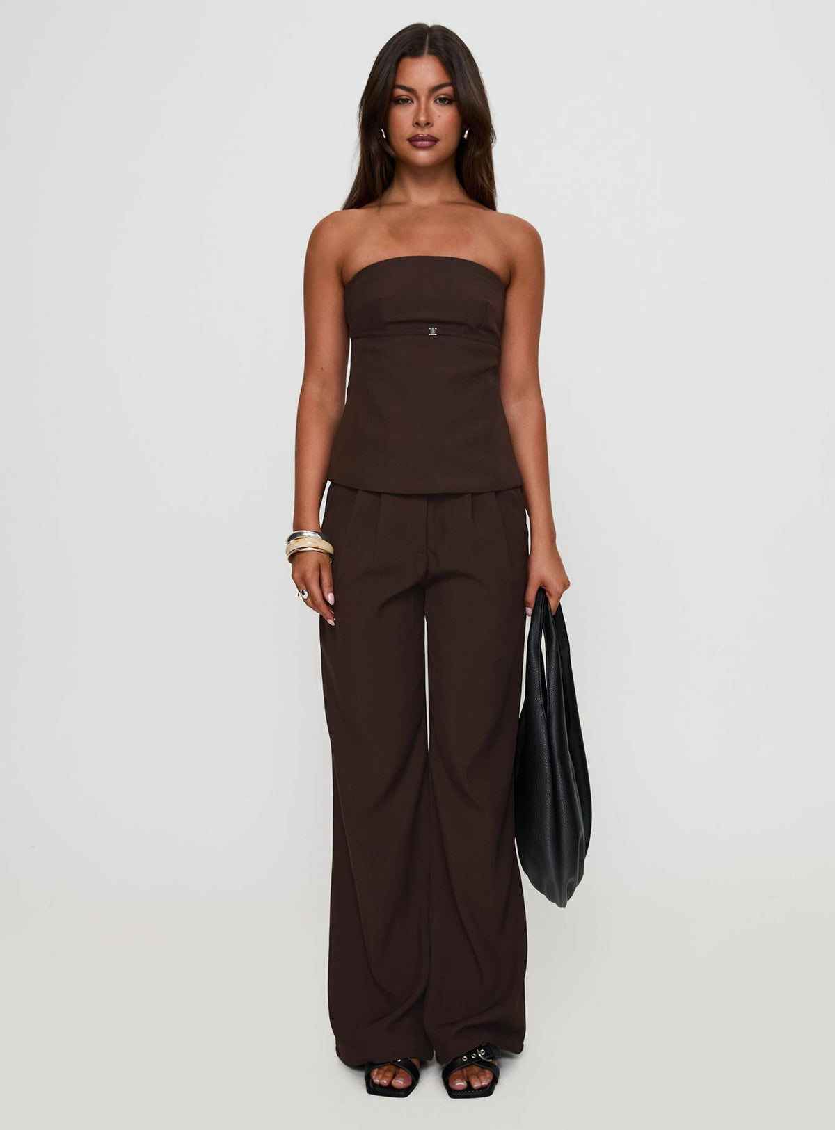 front view of model wearing Princess Polly Irresistible Strapless Top Chocolate Sleeveless straight 