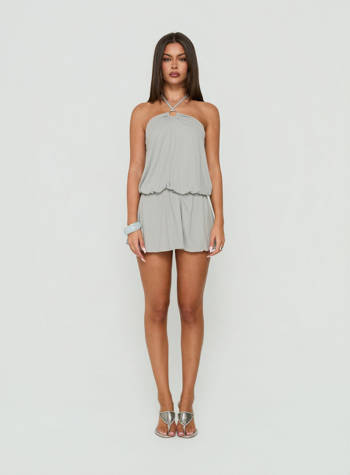 Roksy Tie Neck Drapey Romper Grey