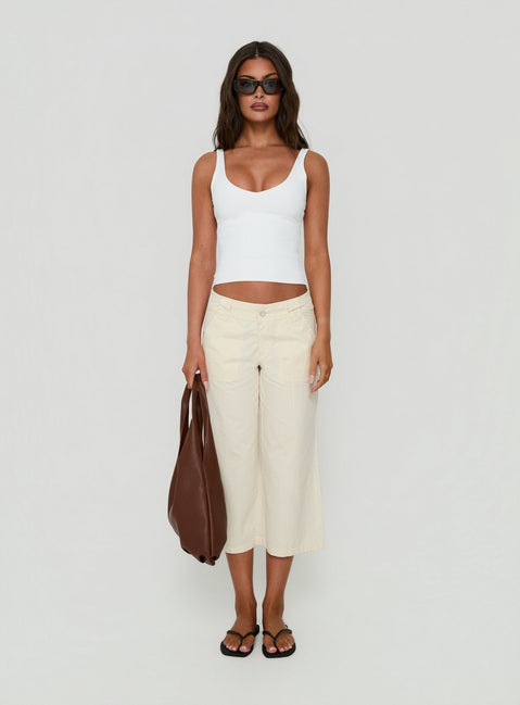 Showcasing the Miska Wide Leg Capri Pants Off White in womens-regular-pants with mid-rise waist front view of model wearing Princess Polly