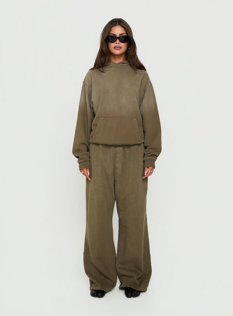 Crafted with the AT Pullover Oversized Hoodie Washed Olive in womens-jumpers with long fit front view of model wearing Princess Polly