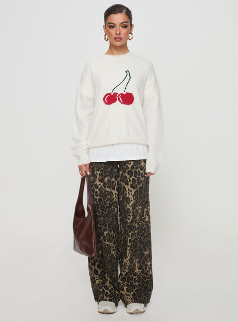 Introducing the Cherry Dreams Knit Jumper Cream womens jumpers with long length front view of model wearing Princess Polly