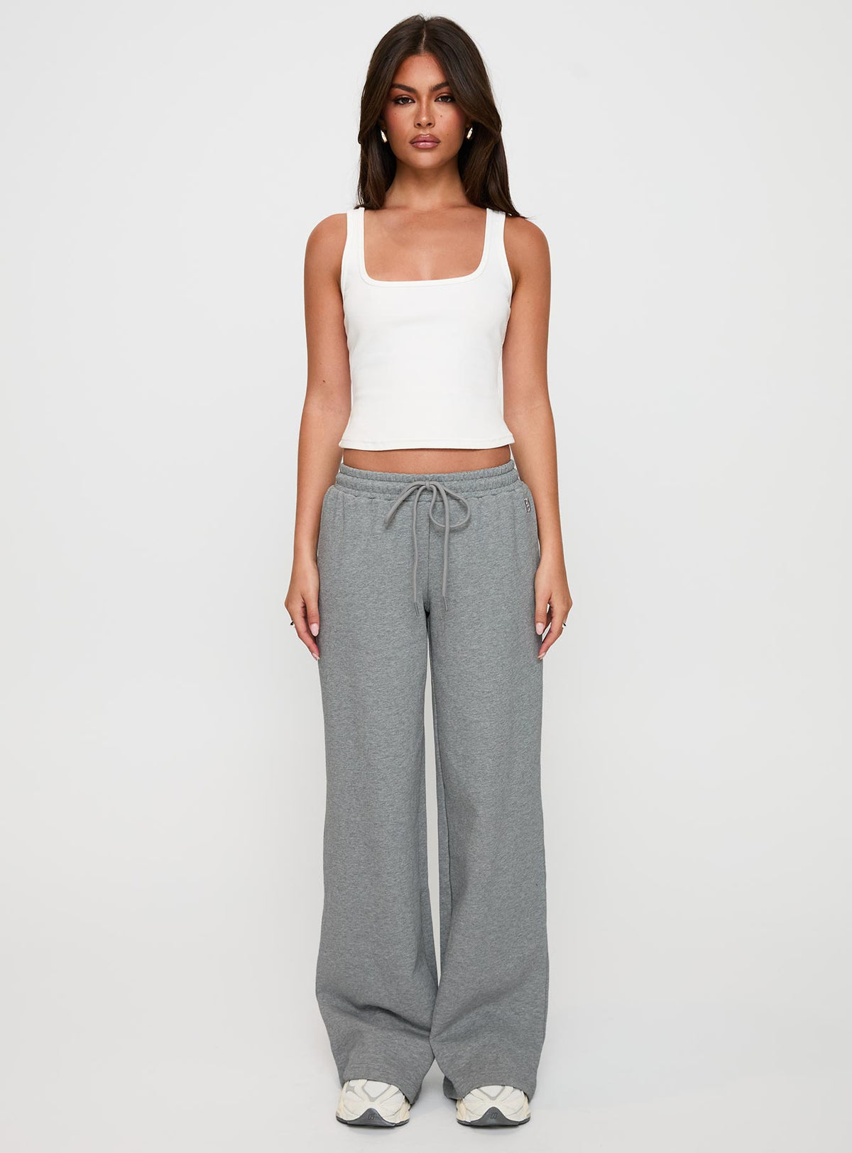 front view of model wearing Princess Polly All Day Straight Leg Sweatpants Grey Marle Low Rise Pants Pants 