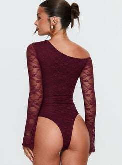 back view of model wearing Princess Polly Macaria Long Sleeve Lace Bodysuit Red Long Sleeve Tops Bodysuit 