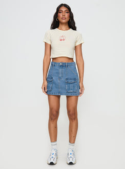   front view of model wearing Princess Polly Chillders Denim Mini Skirt Mid Wash Tall Mini Skirts Skirts 