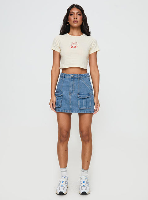   front view of model wearing Princess Polly Chillders Denim Mini Skirt Mid Wash Tall Mini Skirts Skirts 