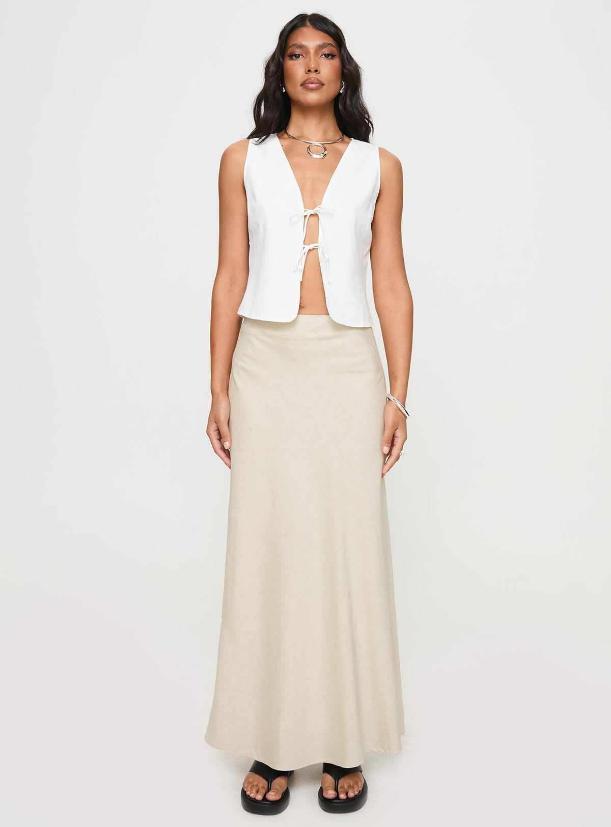   front view of model wearing Princess Polly All In Maxi Skirt Beige Maxi Skirts Skirts 