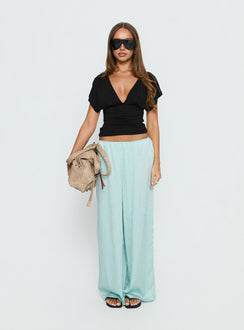 back view of model wearing Princess Polly Salona Satin Straight Leg Pants Jelly Mint Mid Rise Pants Pants 