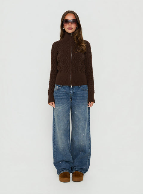 Arletta Cable Knit Zip Through Sweater Brown