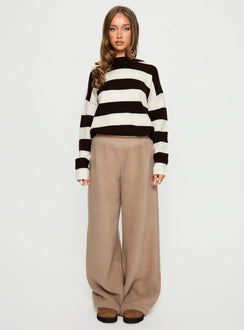 front view of model wearing Princess Polly Siberia Fleece Track Pant Light Brown High Rise Pants Pants 