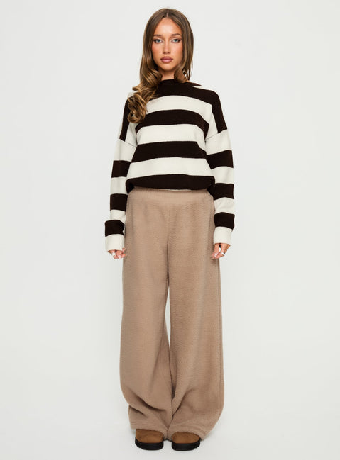 front view of model wearing Princess Polly Siberia Fleece Track Pant Light Brown High Rise Pants Pants 