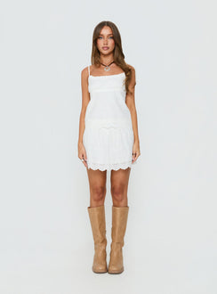back view of model wearing Princess Polly Tiriah Embroidered Mini Skirt White Mini Skirts Skirts 
