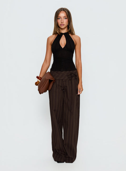 front view of model wearing Princess Polly Seneca Wrap Pant Brown Stripe Mid Rise Pants Pants 
