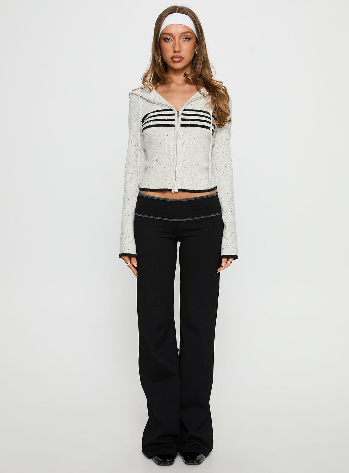 front view of model wearing Princess Polly Brandea Zip Through Knit Hoodie White Marle Cropped Jumpers Jumpers 
