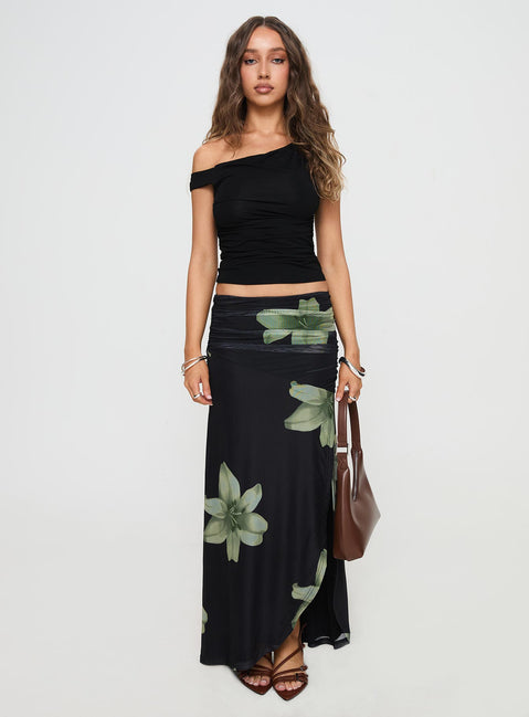   front view of model wearing Princess Polly Cooperi Maxi Skirt Black Floral Maxi Skirts Skirts 