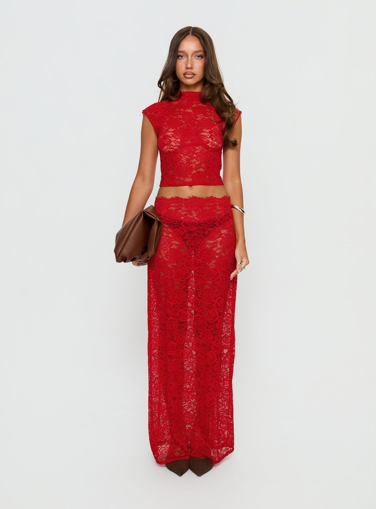   side view of model wearing Princess Polly Vionna Lace Maxi Skirt Red Maxi Skirts Skirts 