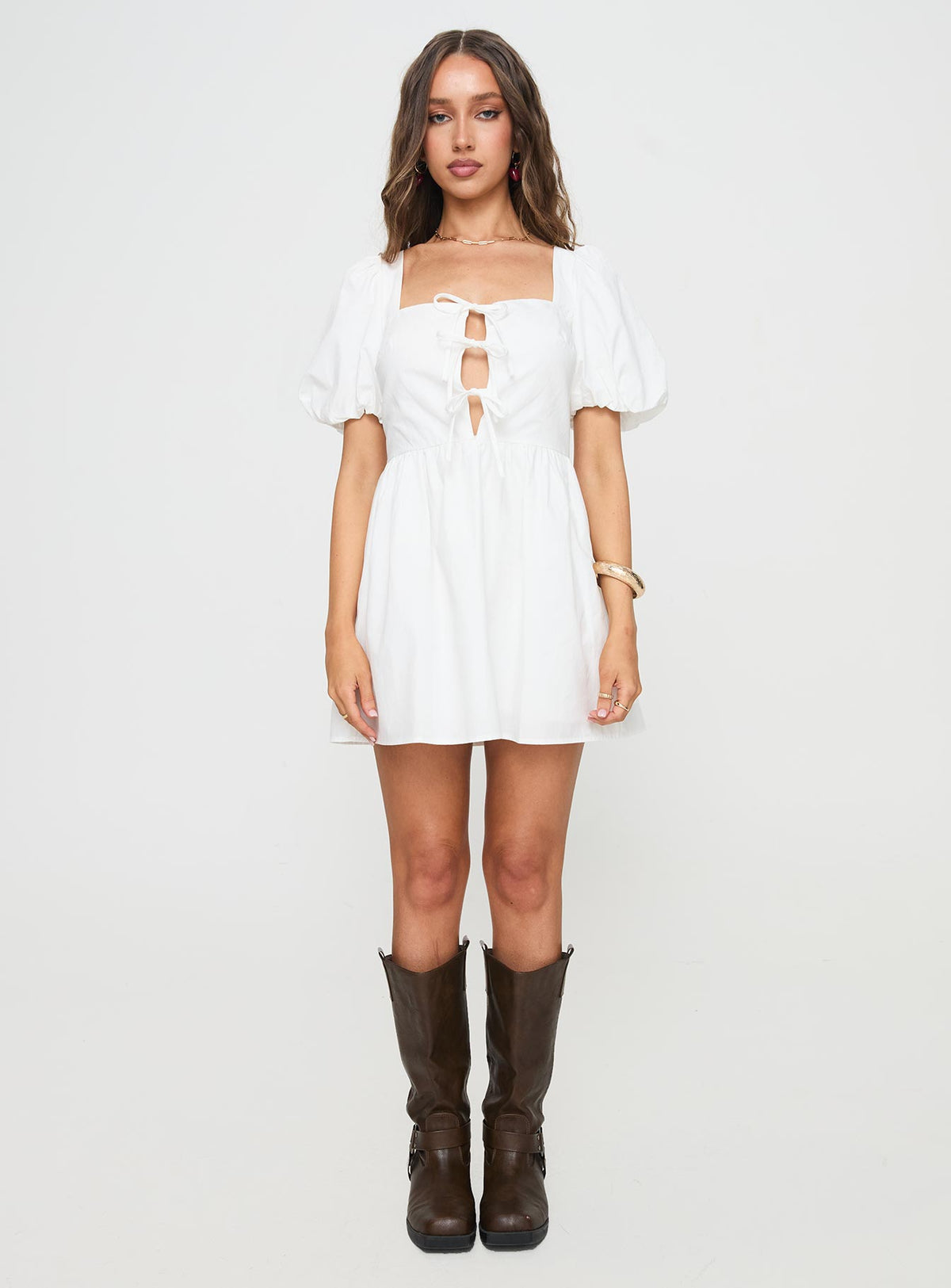 front view of model wearing Princess Polly Kreamy Mini Dress White Square Neck 