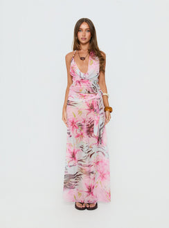   front view of model wearing Princess Polly Karzi Chiffon Maxi Skirt Pink Floral Maxi Skirts Skirts 
