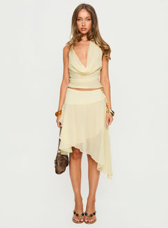   front view of model wearing Princess Polly Evaleine Asymmetrical Chiffon Midi Skirt Baby Yellow Skirts 