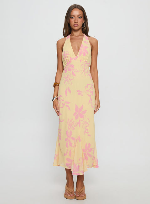 Alayla Halter Midi Dress Yellow Floral