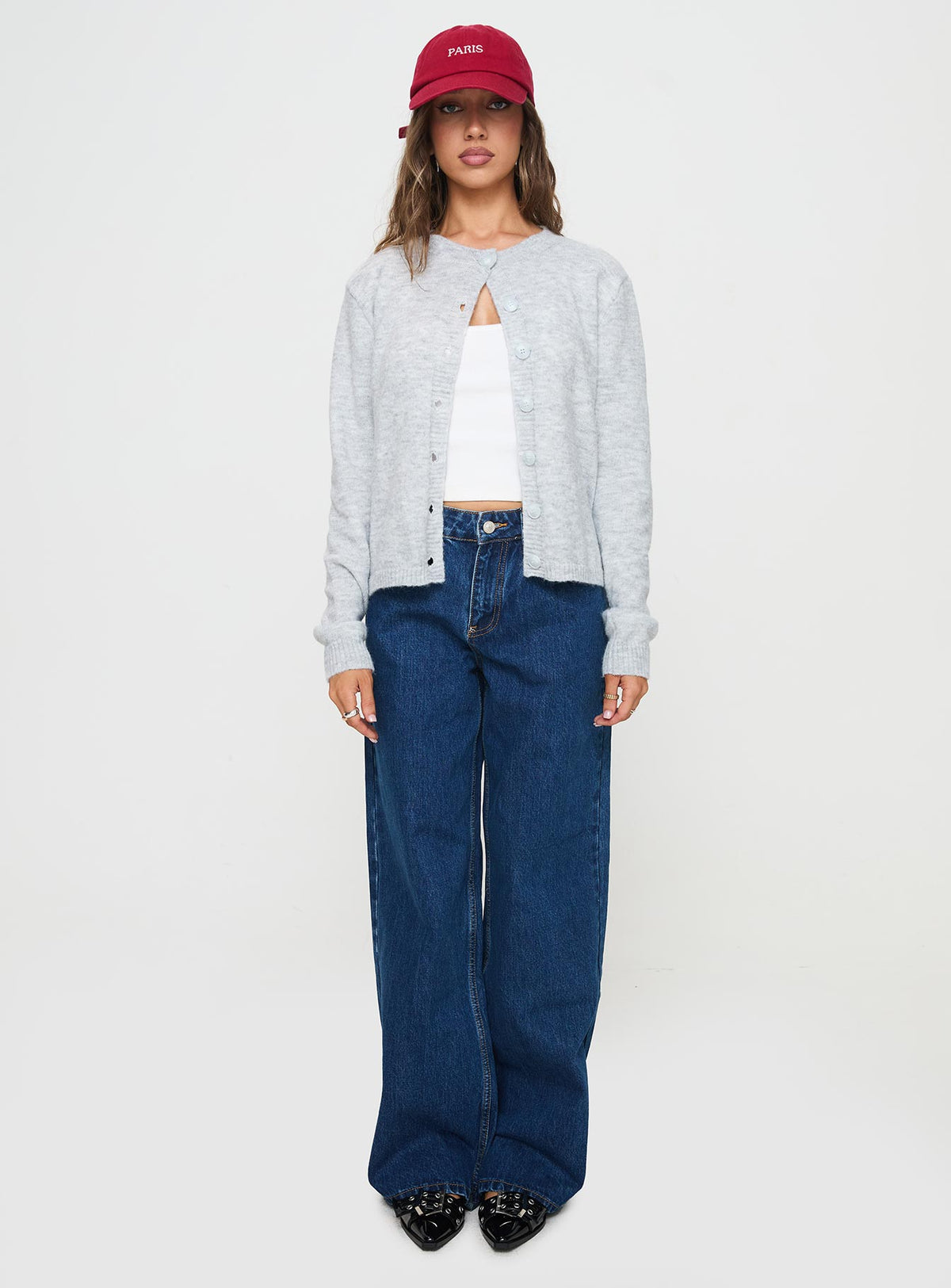 front view of model wearing Princess Polly Shima Low Rise Slouch Jeans Mid Wash Mid Rise 