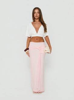 Featuring the Isador Ruched Maxi Skirt Pink in womens-skirts with fitted a-line silhouette and solid light pink color front view of model wearing Princess Polly