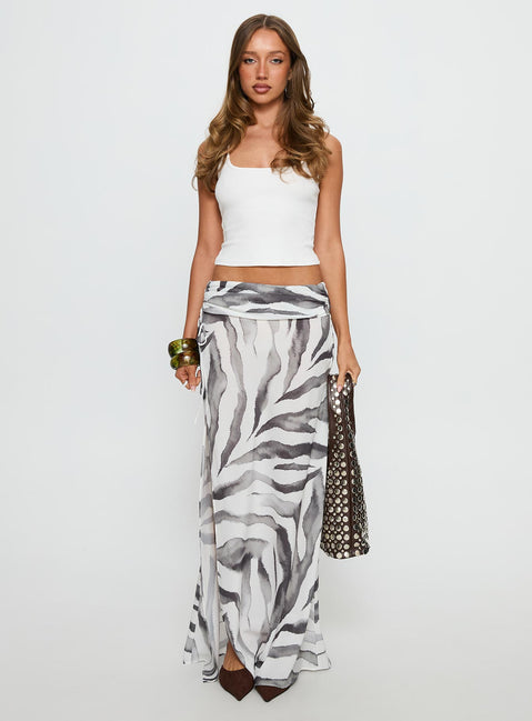   front view of model wearing Princess Polly Kiden Split Maxi Skirt Zebra Maxi Skirts Skirts 