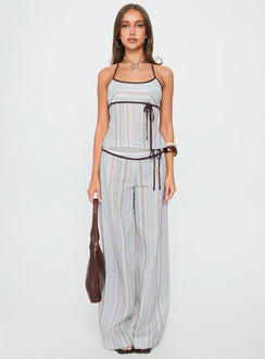 front view of model wearing Princess Polly Taylar Thick Waistband Tie Pants Green Stripe High Rise Pants Pants 