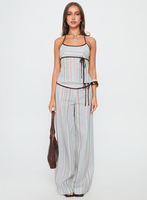 front view of model wearing Princess Polly Taylar Thick Waistband Tie Pants Green Stripe High Rise Pants Pants 