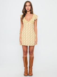Just Me And You Frill Mini Dress Yellow Floral