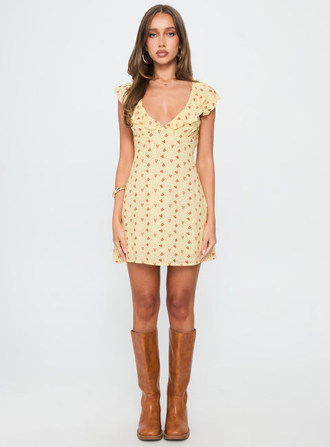 Just Me And You Frill Mini Dress Yellow Floral
