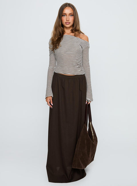   front view of model wearing Princess Polly Hallee Maxi Skirt Brown Maxi Skirts Skirts 