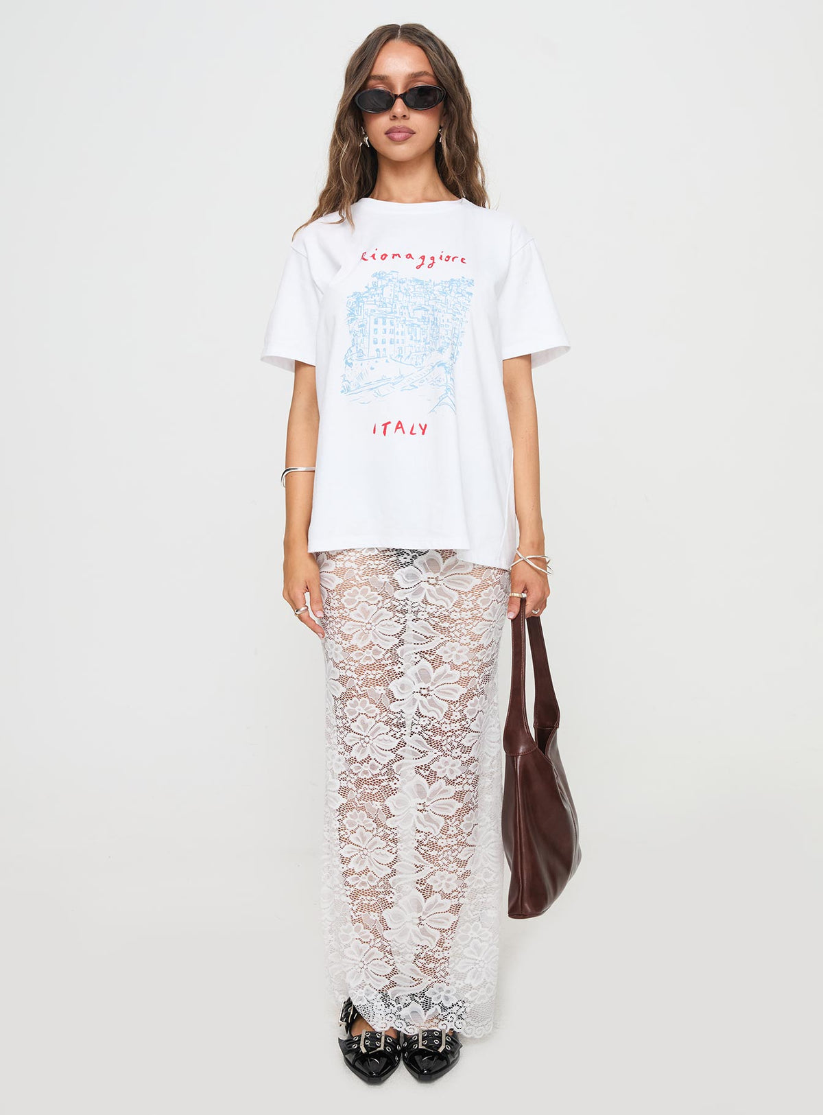   front view of model wearing Princess Polly Lombardio Lace Maxi Skirt White Maxi Skirts Skirts 