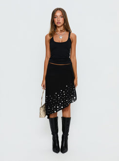   front view of model wearing Princess Polly Jezabela Asymmetrical Stud Midi Skirt Black Skirts 