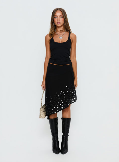   front view of model wearing Princess Polly Jezabela Asymmetrical Stud Midi Skirt Black Skirts 