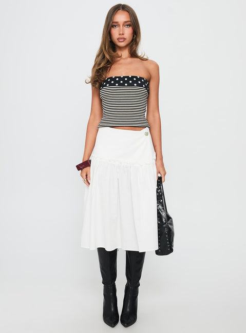   front view of model wearing Princess Polly Jonsie Tiered Frill Midi Skirt White Midi Skirts Skirts 