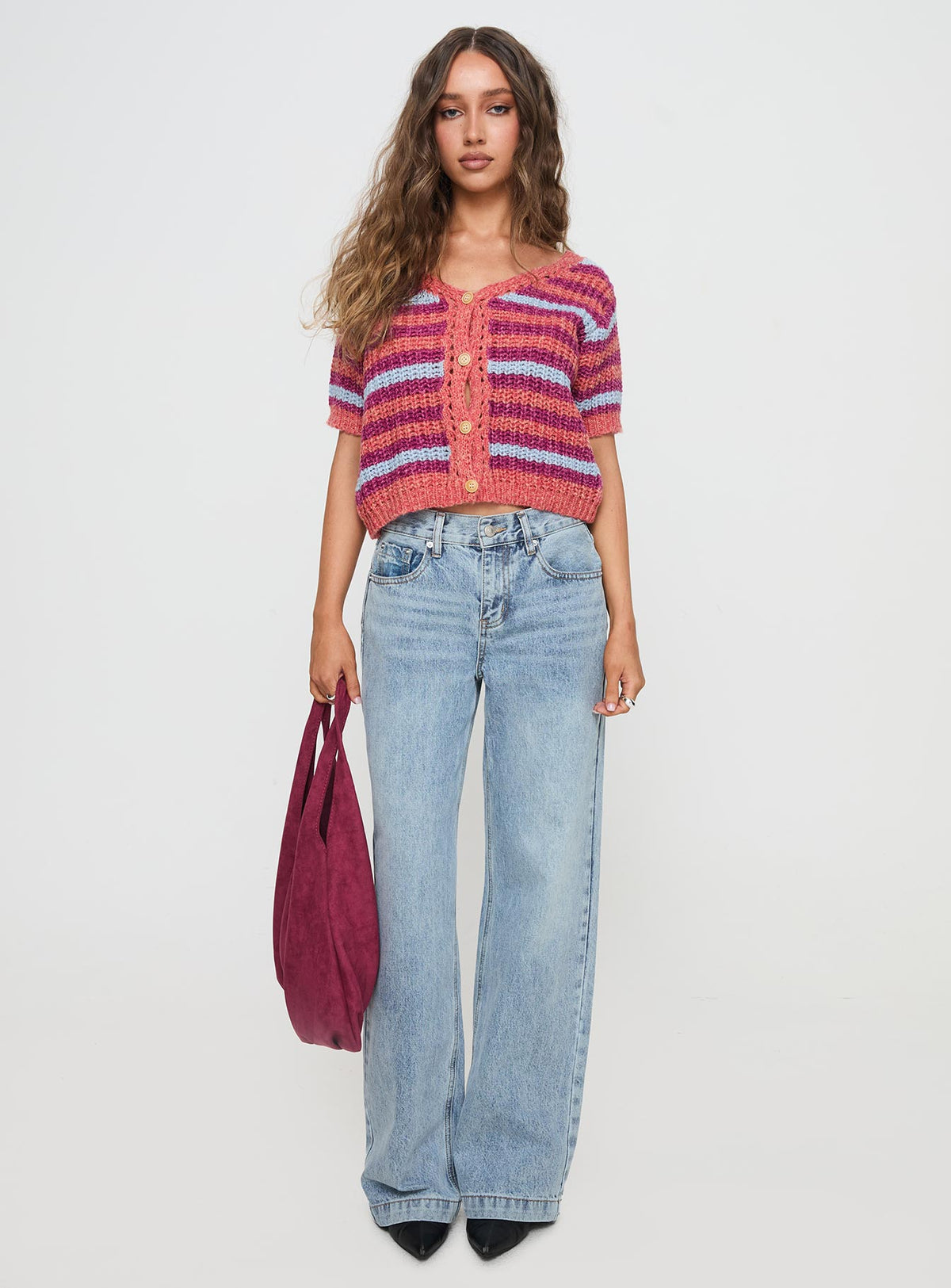 side view of model wearing Princess Polly Compassion Knit Cardigan Multi Cropped Jumpers Jumpers 