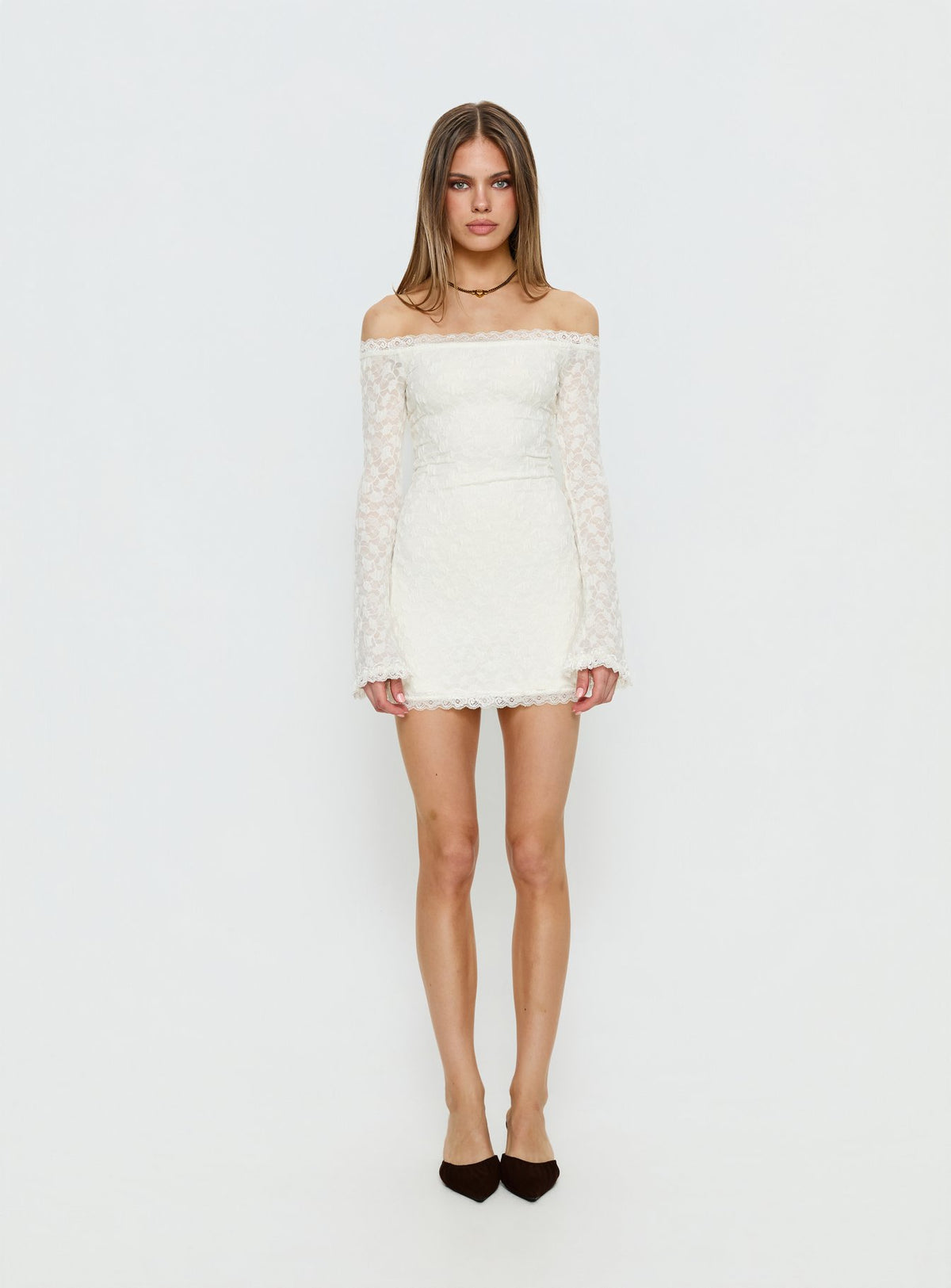 Avenues Long Sleeve Lace Mini Dress White
