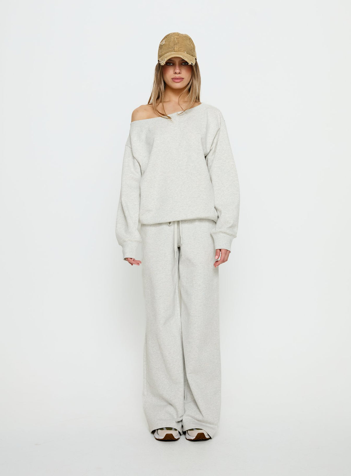 front view of model wearing Princess Polly Wellness Off the Shoulder Jumper Grey Marle Jumpers 