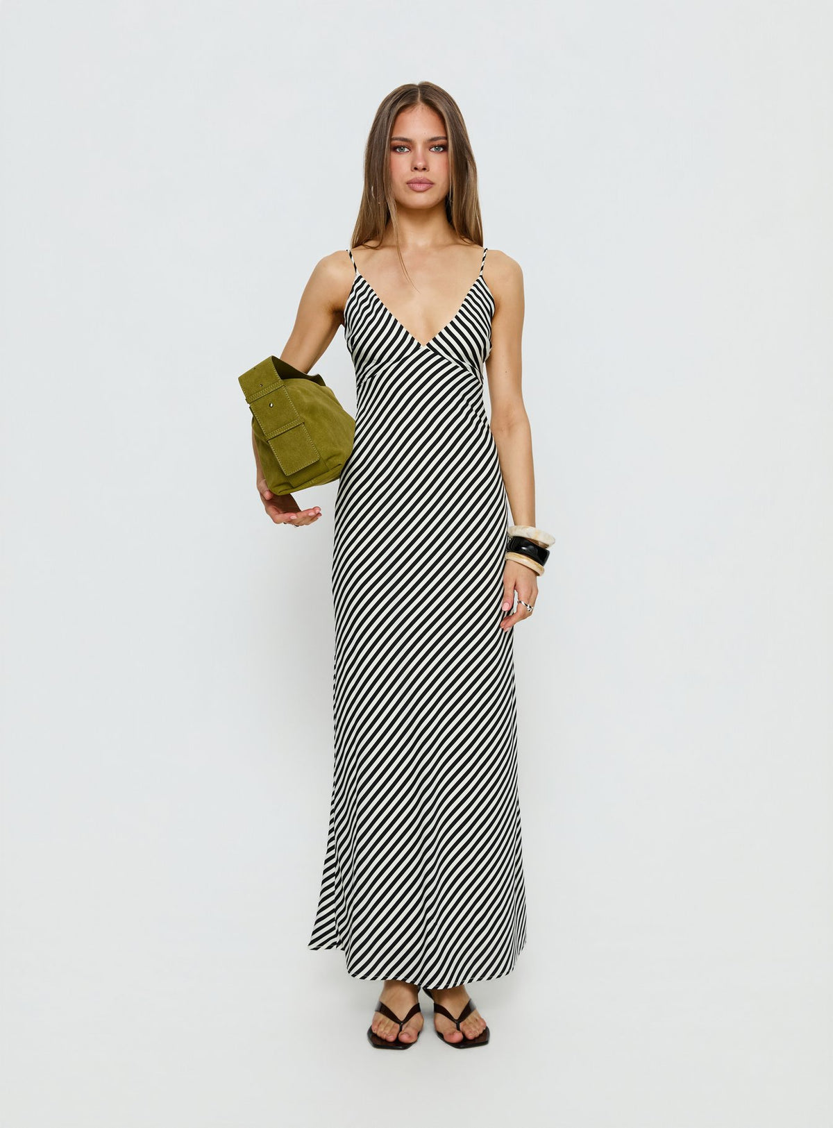 Lesondo V Neck Maxi Dress Black / White Stripe