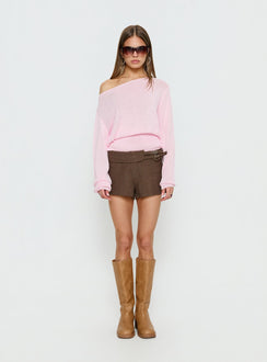 side view of model wearing Princess Polly Xaria Off Shoulder Knit Sweater Pink regular Jumpers 