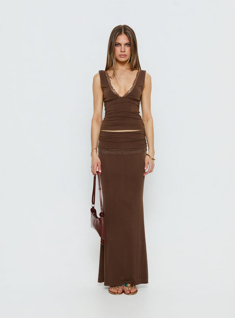   front view of model wearing Princess Polly Zespri Jersey Maxi Skirt Brown Maxi Skirts Skirts 