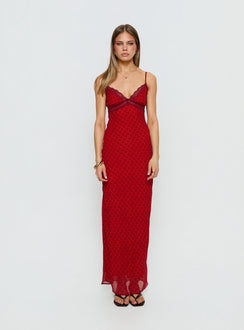 Adasia Lace V Neck Maxi Dress Red Polka Dot