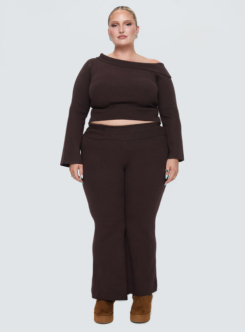 front view of model wearing Princess Polly Sina Off The Shoulder Top Chocolate Curve Cropped Jumpers Jumpers 