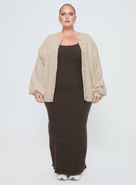 front view of model wearing Princess Polly Edern Cardigan Cream Curve Longline Jumpers Jumpers 