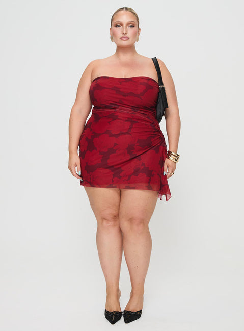 front view of model wearing Princess Polly Donelli Mini Dress Burgundy / Red Floral Curve Straight Neck 