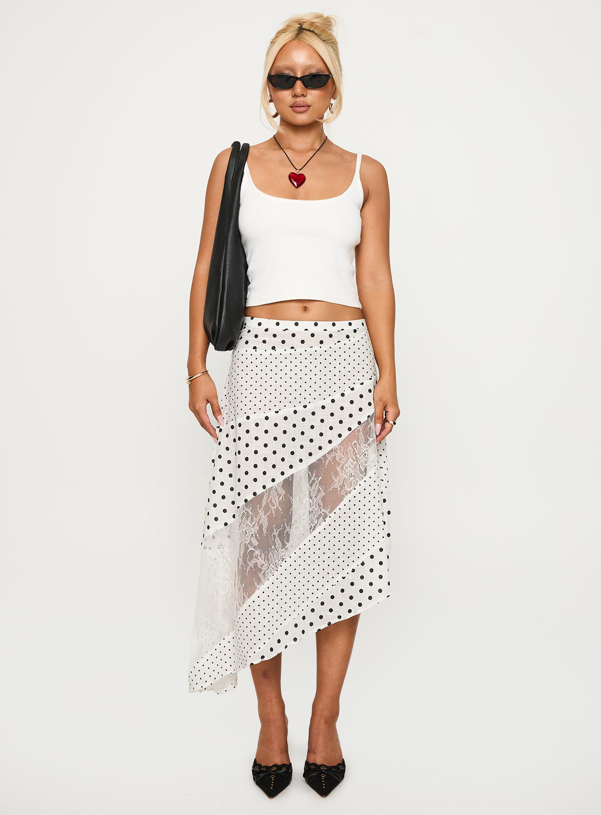   front view of model wearing Princess Polly Rennar Maxi Skirt White / Polka Dot Petite Midi Skirts Skirts 