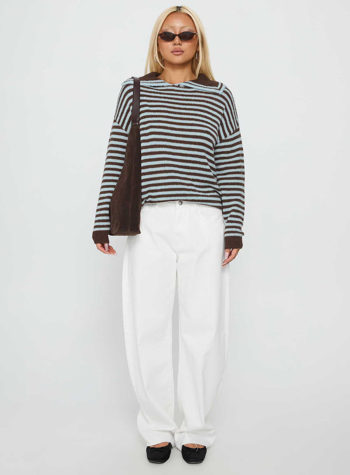 front view of model wearing Princess Polly Moon Went Dark Collared Knit Sweater Stripe Jumpers 